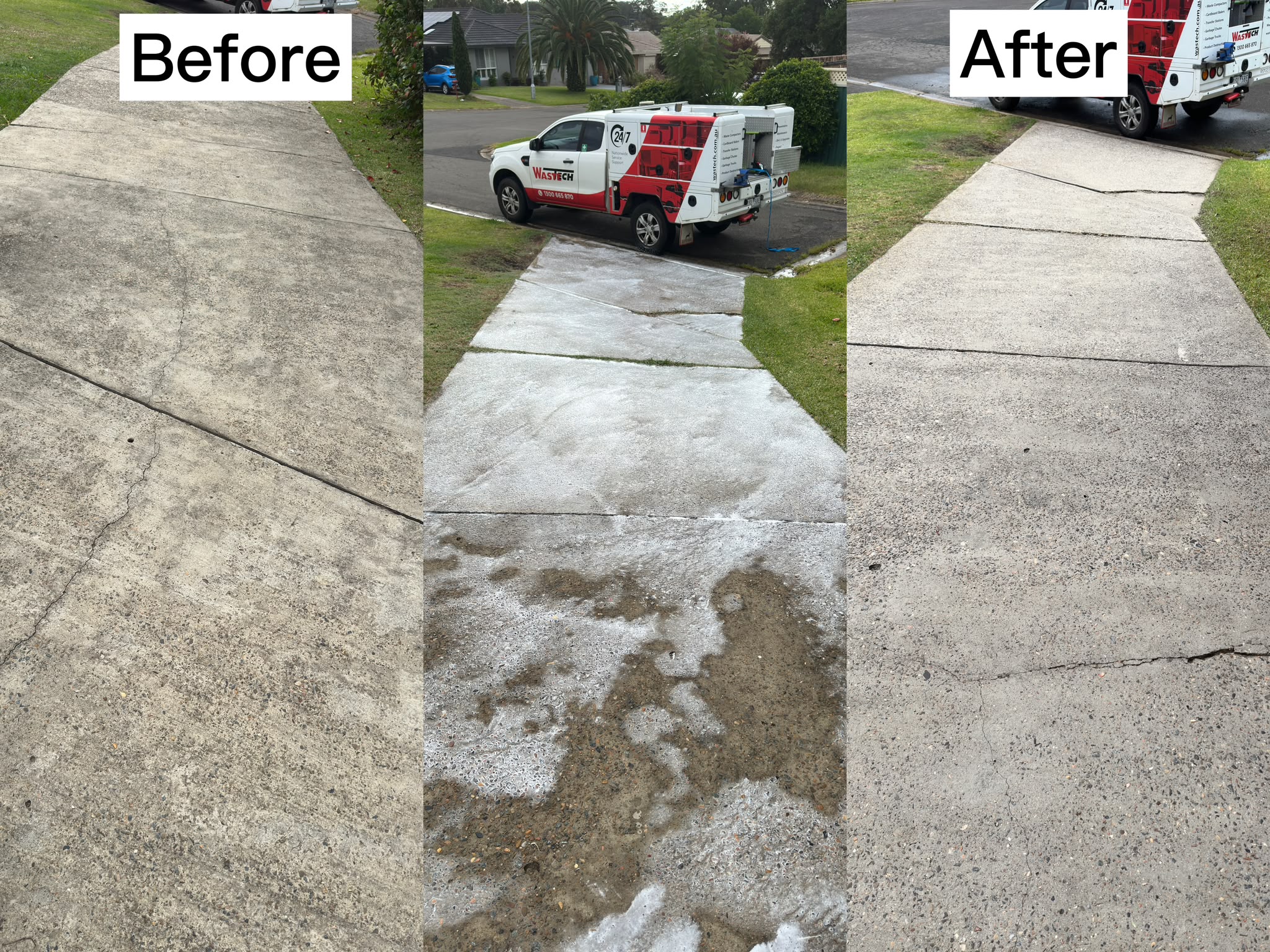 Long concrete entry driveway power washing treatment in Penrith