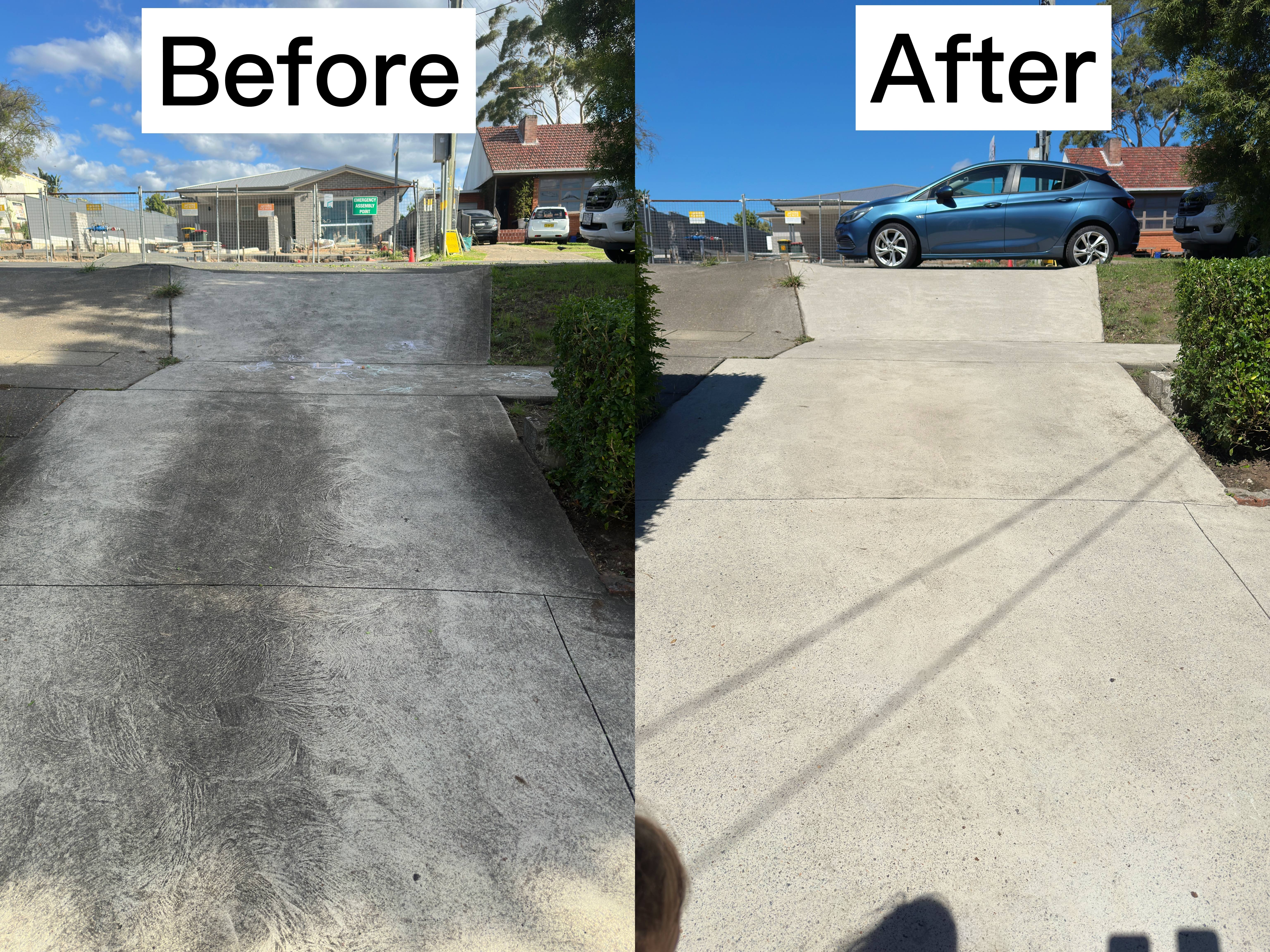 Before and after professional high-pressure driveway cleaning service in Blacktown Western Sydney by WestClean